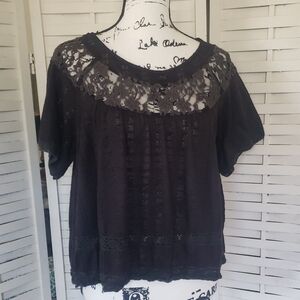 Free People Black Crop SHORT Sleeves  Blouse Top Size S